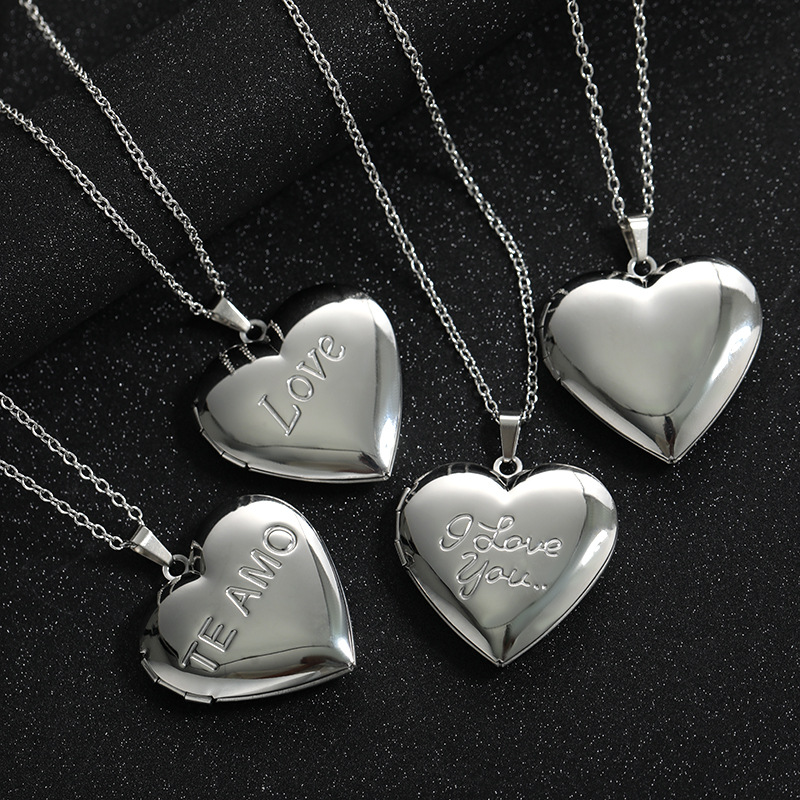 Heart Locket Necklace Photo - Edelstahl-Herz-Medaillon-Halskette für Damen und Herren, silberfarben,