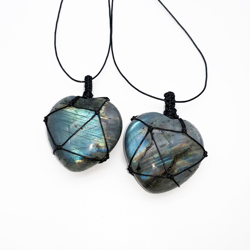 Crystal Pendant Necklace Natural Stone - Natürliche Handgewebte Labradorit-Mondstein-Herzform-Anhänger-Halskette, Herz-Kristall-Energiestein-Halskette